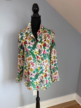 Boden White Floral Tropic Print Button-Down Silk Shirt